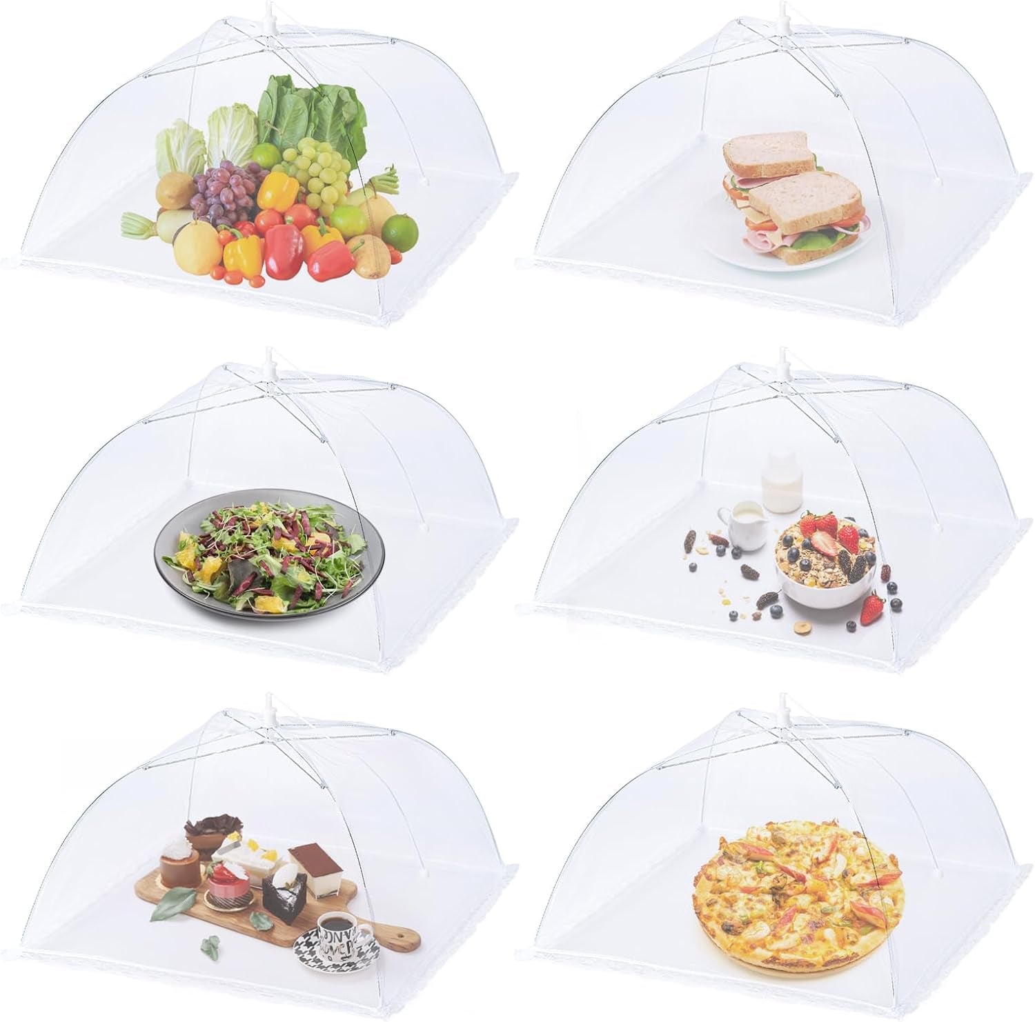 6 Pack Mesh Food Covers,17"Lx17"W Large Food Cover,White Nylon Covers,Pop-Up Serving Dish Covers Tent Umbrella,For Patio Net for Outdoor Camping, Picnics, Parties,Bbq,Collapsible and Reusable