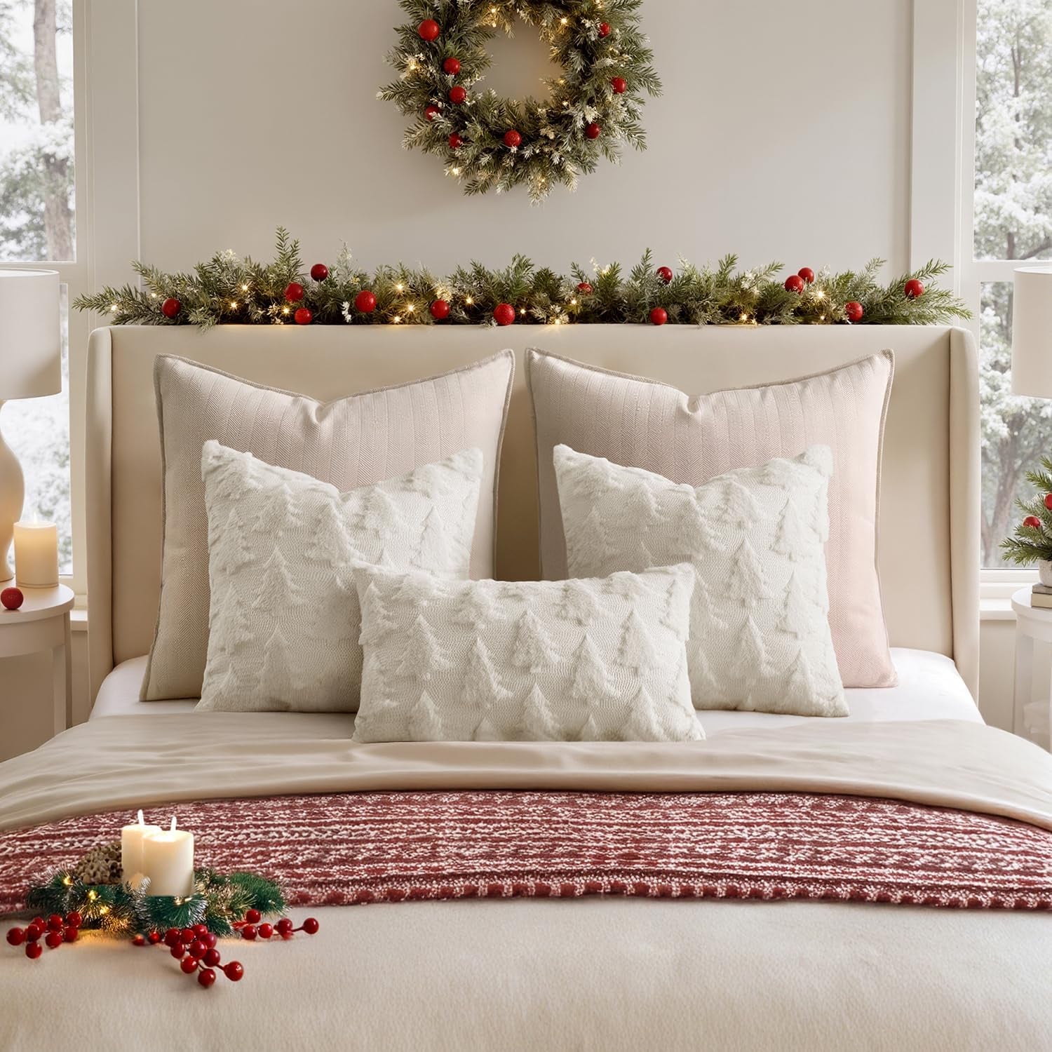 Christmas Throw Pillow Covers Cream White Christmas Decorations Set of 2 Xmas Tree 18X18 Pillow Covers Soft Plush Faux Wool Pillowcases Holiday Festivals Winter Home Decor Sofa Couch Bed Porch