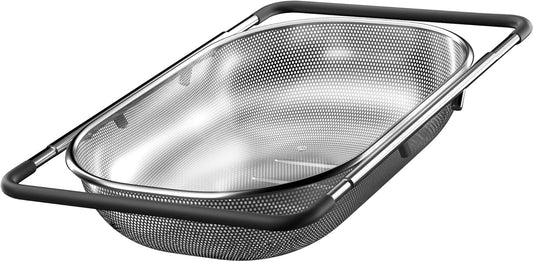 Expandable Over-the-Sink Colander with Rubber Grip - Fine Mesh Strainer for Vegetables, Fruits, and Pasta - Essential Kitchen Tool (9.5W x 13.4-21.3L x 3.3H)