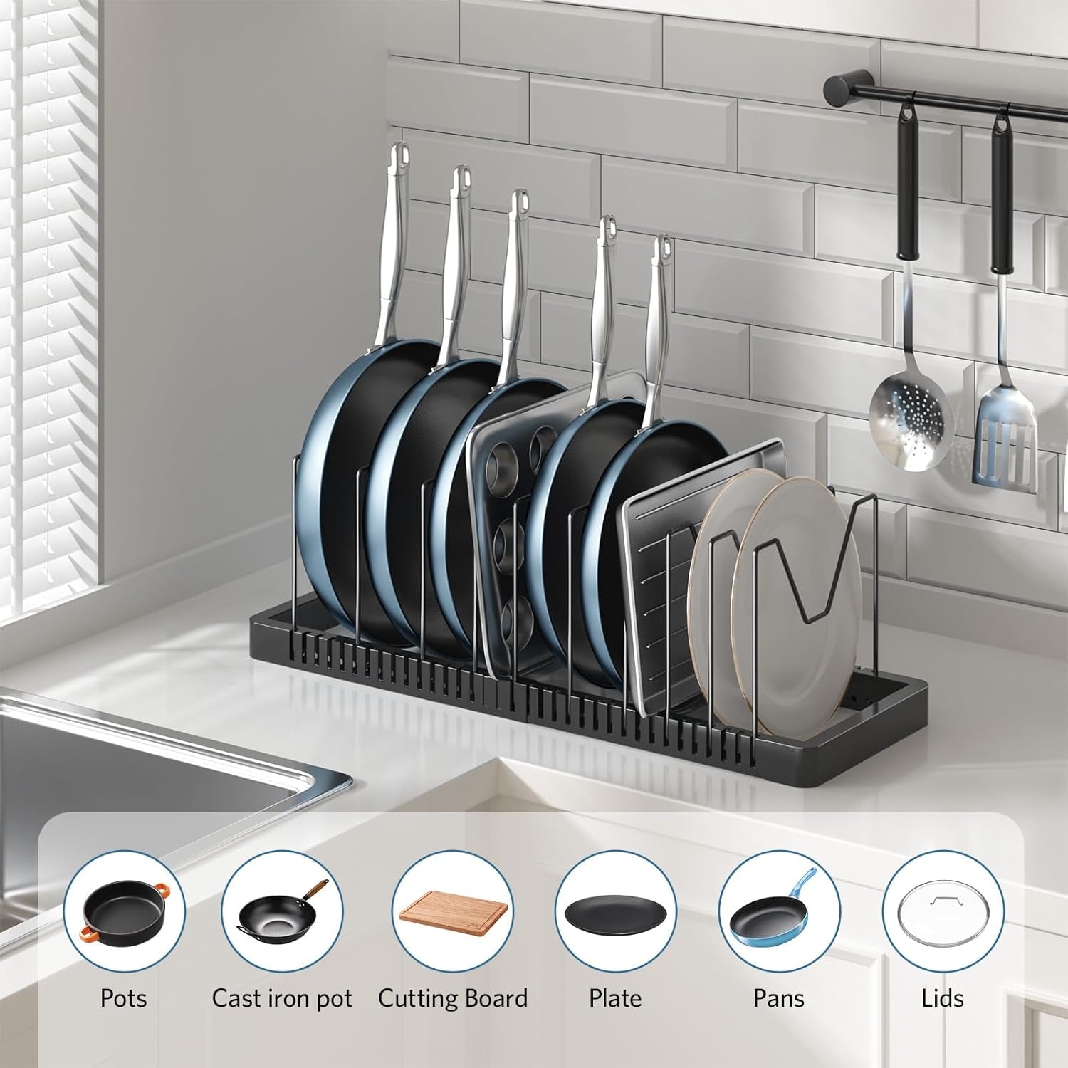 Pots and Pans Organizer Rack for Cabinet, Expandable Pot Lid Organizer Holder with 10 Adjustable Compartment, Kitchen Cabinet Organizer for Lids & Bakeware - Pantry & Countertop Storage Rack