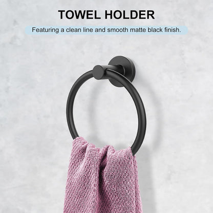 Towel Holder for Bathroom Wall Matte Black Stainless Steel Bathroom Accessories Set Includes Towel Ring and Toilet Paper Holder, Drill Hole