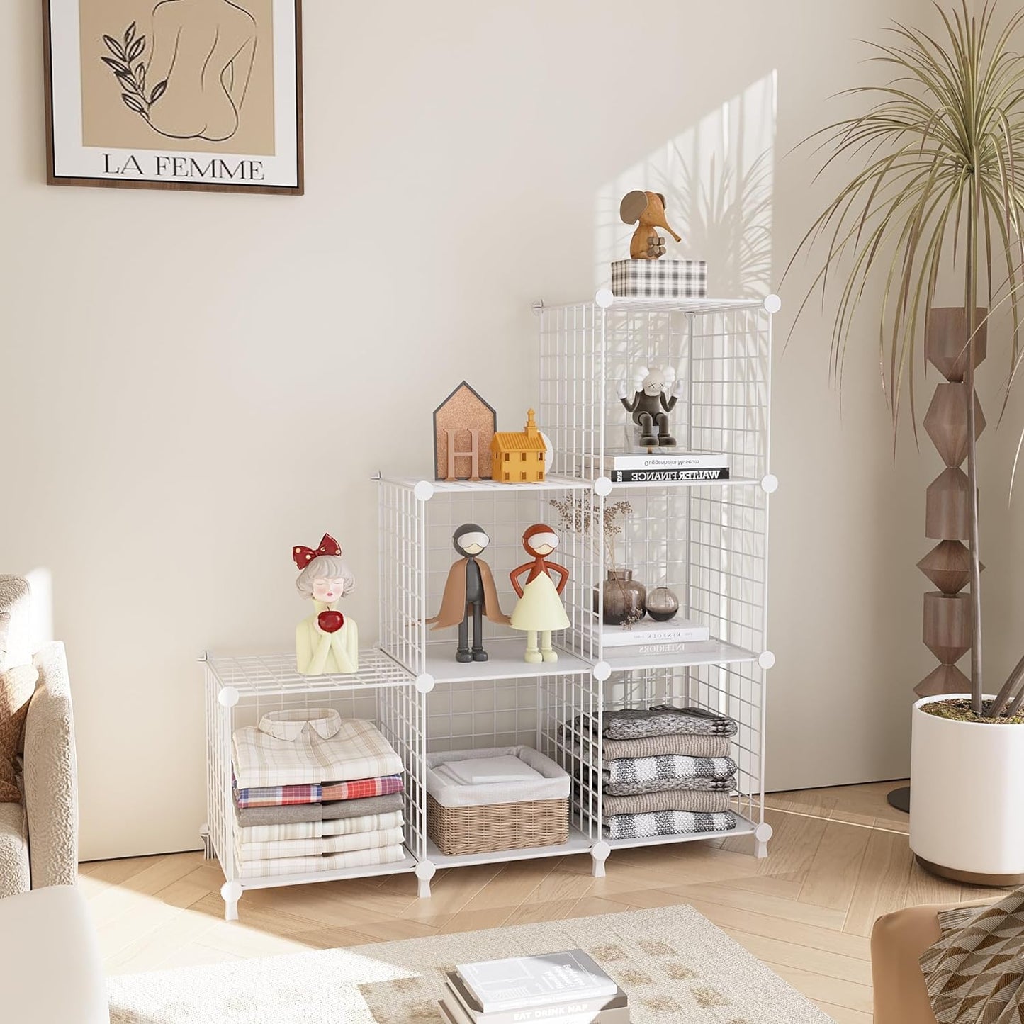 Wire Cube Storage Organizer, Closet Organizers and Storage, Metal 6 Cube Storage Shelves Bookshelf, Portable Closet Clothes Organizer for Bedroom, Home, Office, White