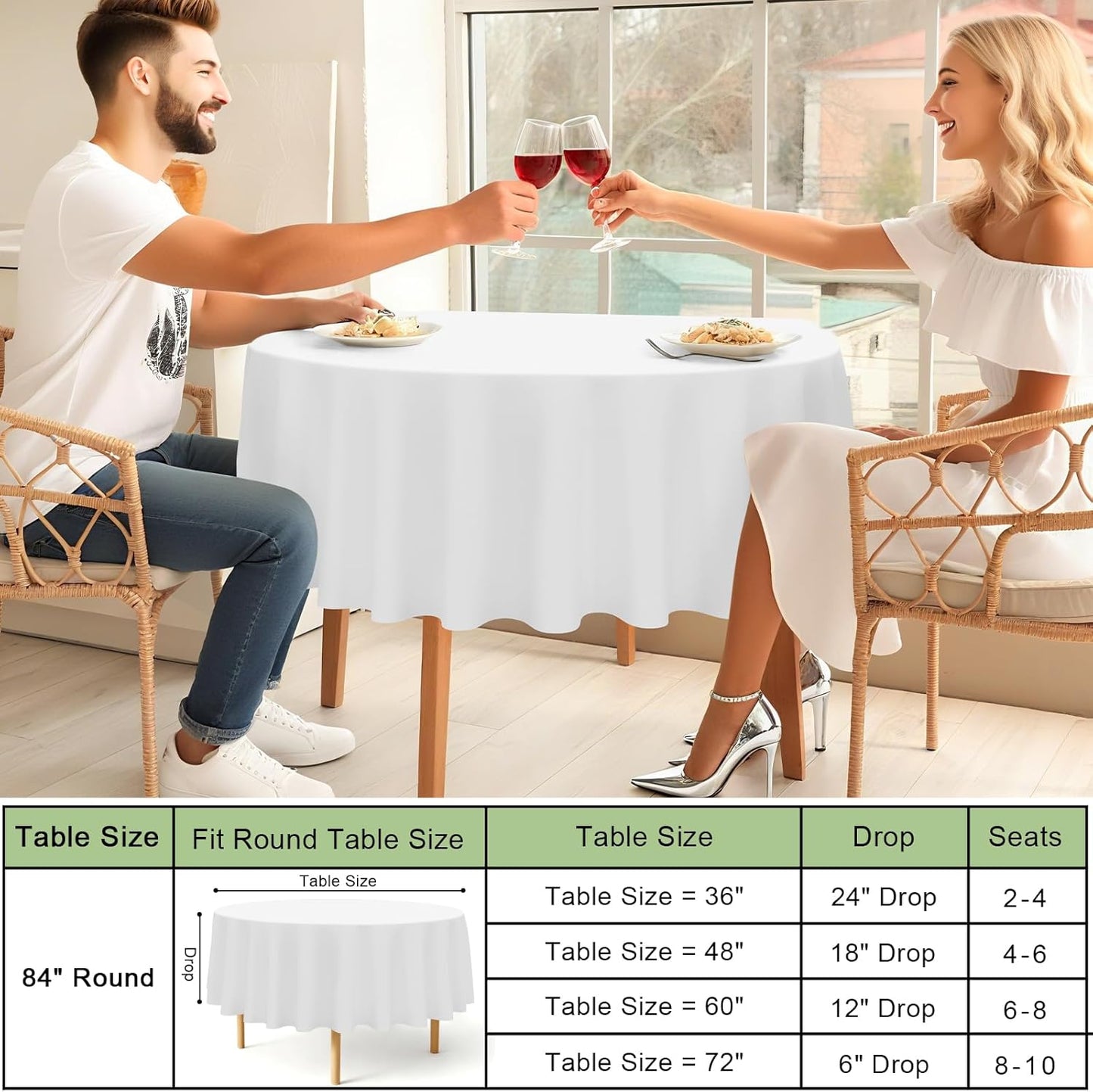 4 Packs Disposable Plastic Table Cloth, 84" round Waterproof Tablecloth, Leakproof & Sturdy Decorative Table Covers for Picnic, Party and Outdoor, White