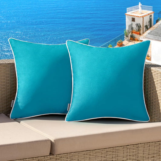 Set of 2 Outdoor Waterproof Decorative Pillow Covers in Solid Teal Blue for Farmhouse Style, Suitable for Patio, Tent, Bed, and Living Room - 18x18 Inches
