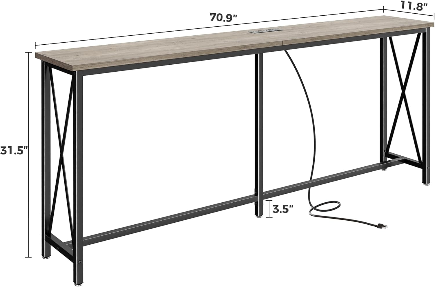 70-Inch Console Table with Integrated Outlets and USB-C Port, Extra Long X-Shaped Design for Entryway and Living Room, Metal Frame with Wooden Top in Grey Oak