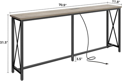 70-Inch Console Table with Integrated Outlets and USB-C Port, Extra Long X-Shaped Design for Entryway and Living Room, Metal Frame with Wooden Top in Grey Oak