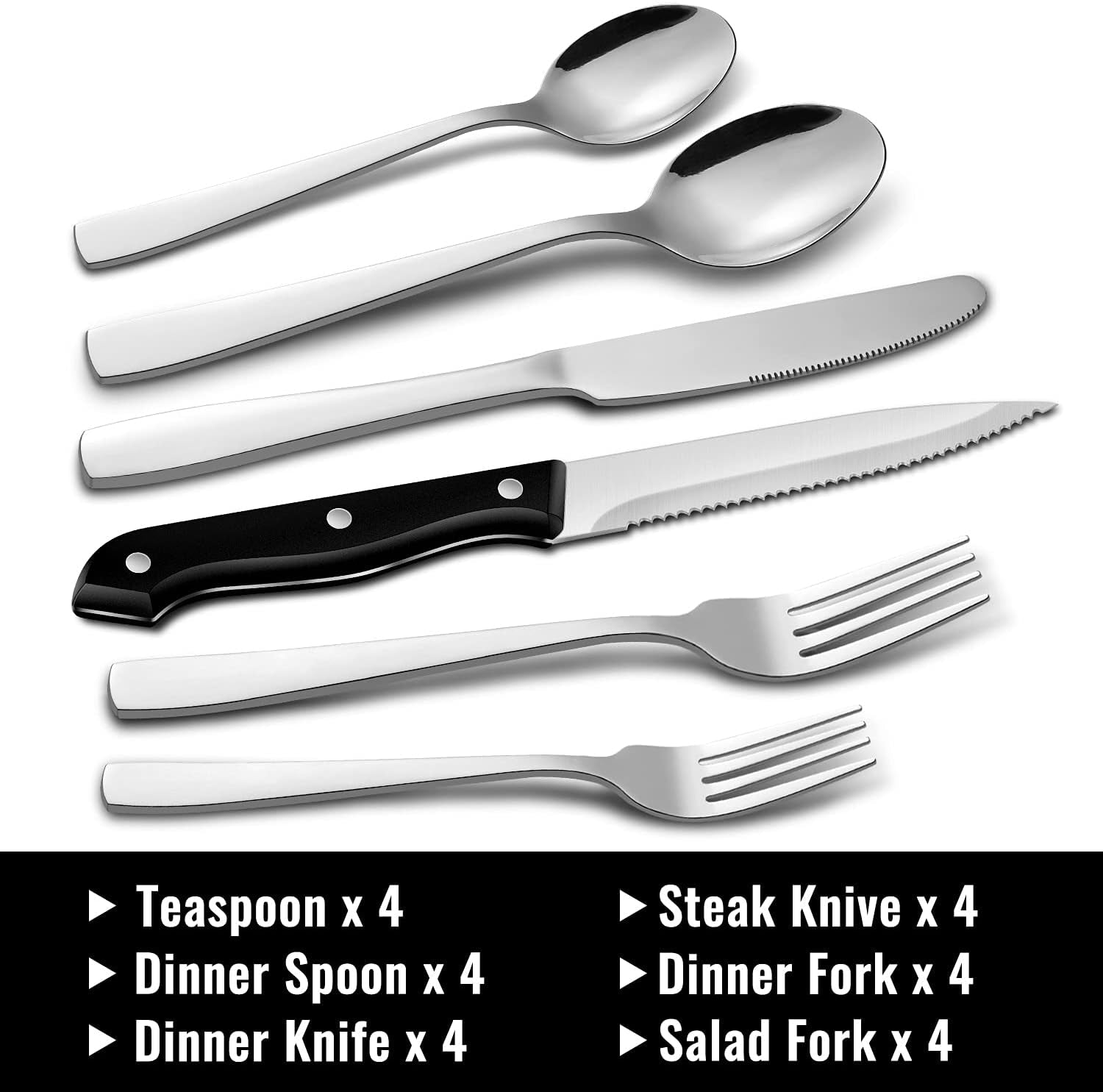 24-Piece Silverware Set with Steak Knives, Stainless Steel Flatware Cutlery, Mirror Polished Flatware Serving Utensils Set for 4, Includes Forks Spoons Knives Silverware, Dishwasher Safe