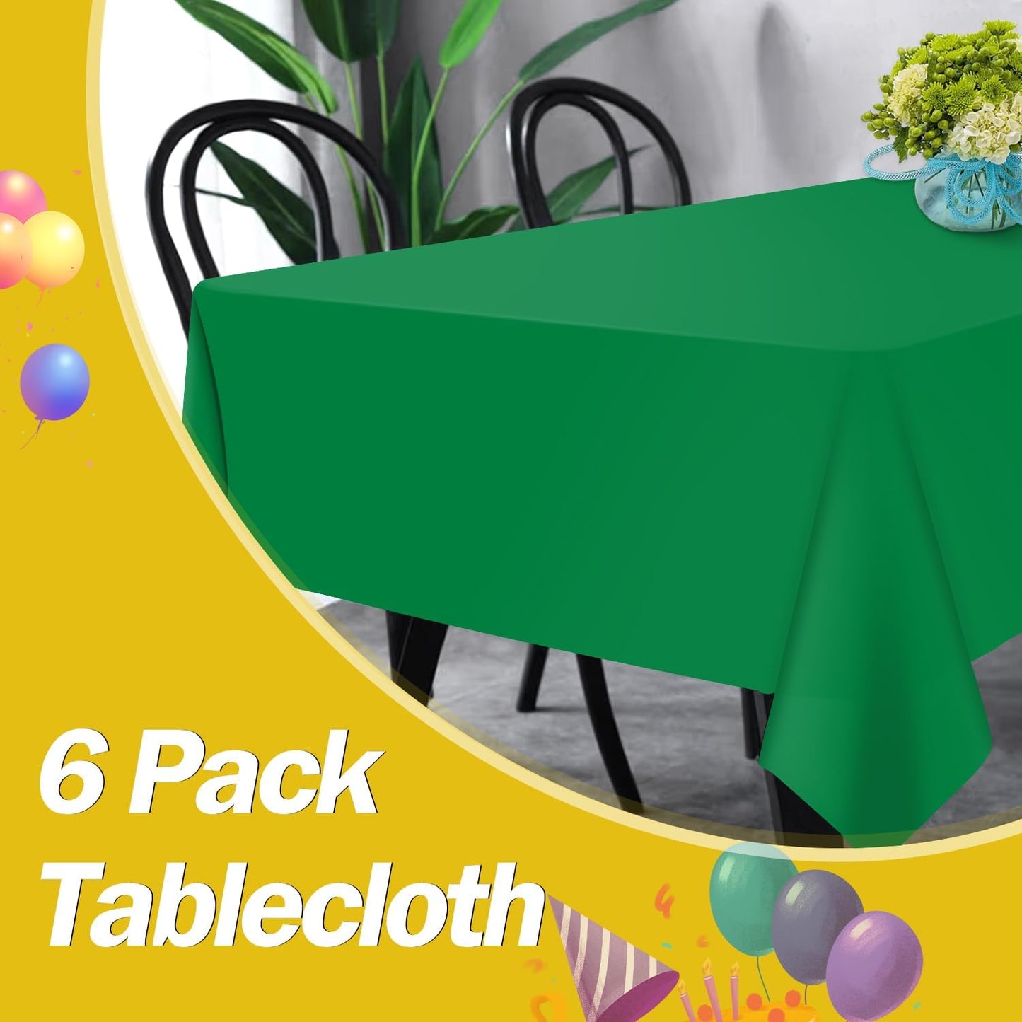Green 6 Pack Plastic Table Cloth 54" X 108", Disposable Tablecloths Rectangle Table Cover, Plastic Tablecloth for Parties