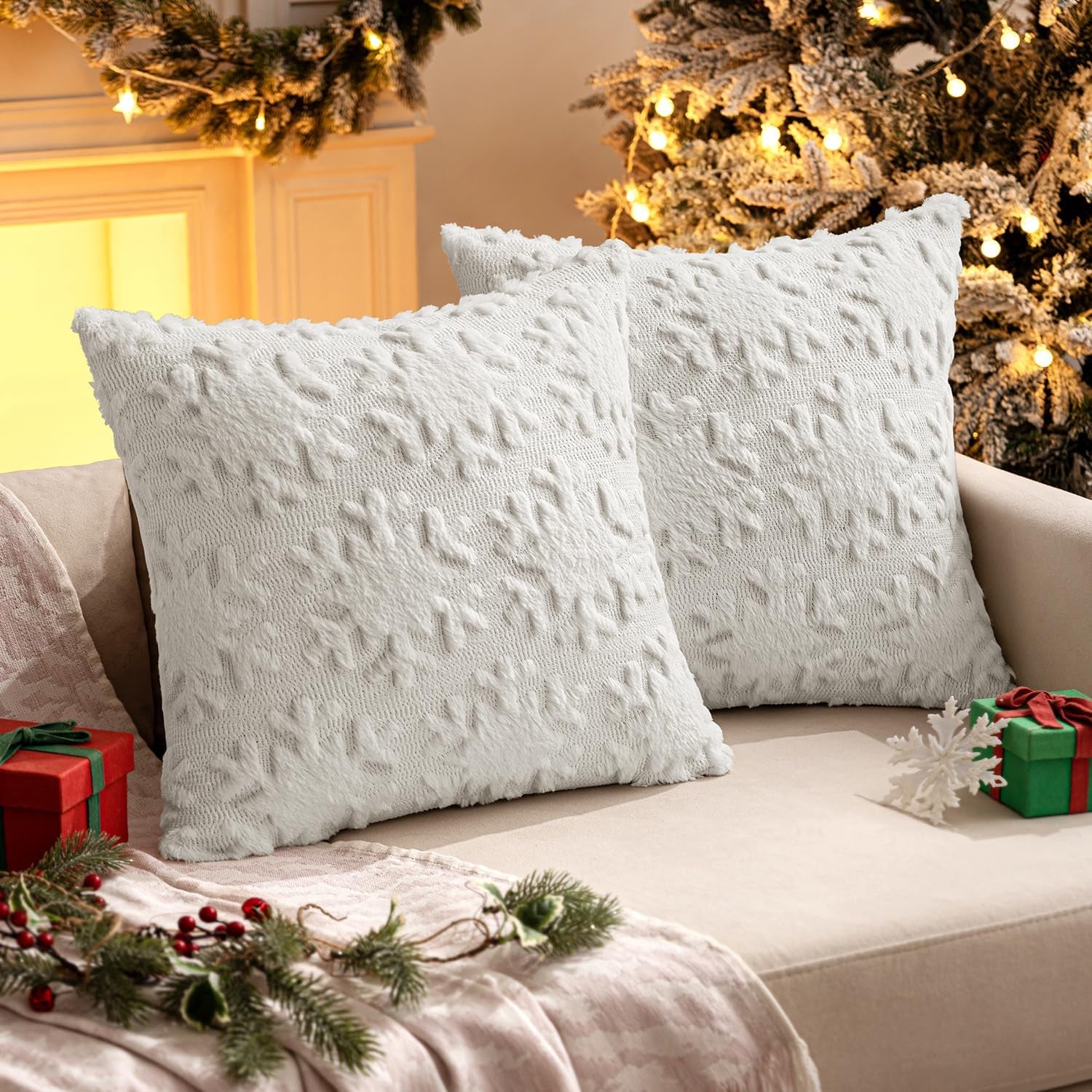 Christmas Snowflake Decorative Throw Pillow Covers Set of 2,Soft Fluffy Faux Wool Winter Holiday Couch Pillows for Farmhouse Boho Home Decor Sofa Bed Porch Living Room 18X18 Inch Pure White