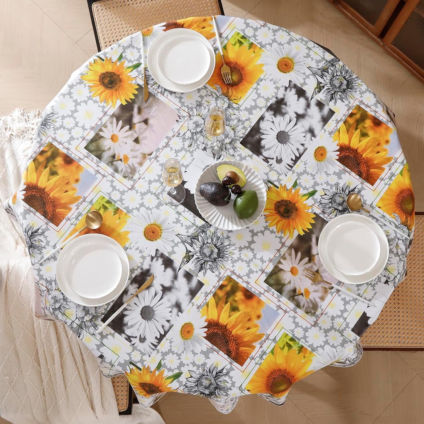 Round Vinyl Tablecloth with Flannel Backing Waterproof Oil-Proof PVC Table Cloth Stain-Resistant Wipeable Table Cover for round Table(48" Round)