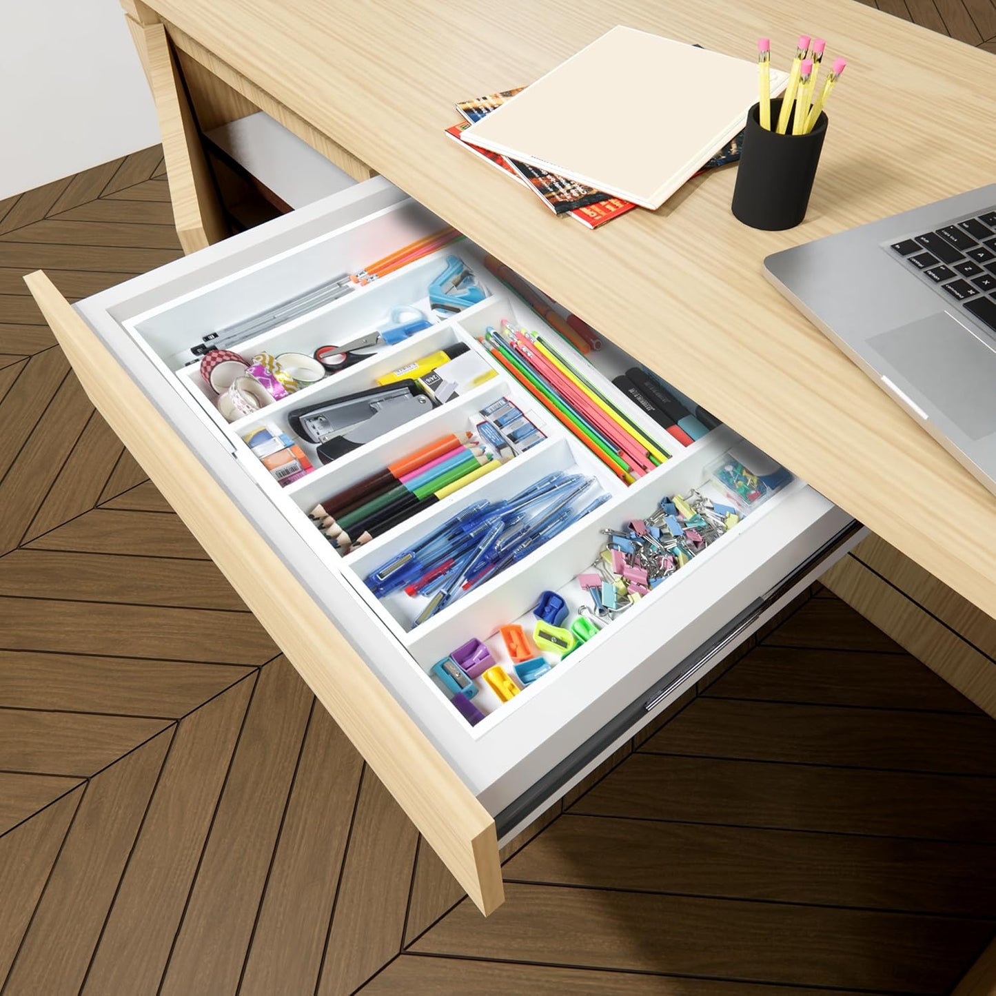 Expandable Bamboo Utensil Drawer Organizer, Silverware Organizer for Cutlery, Flatware Holder (5-7 Slots, White) - Pack of 1