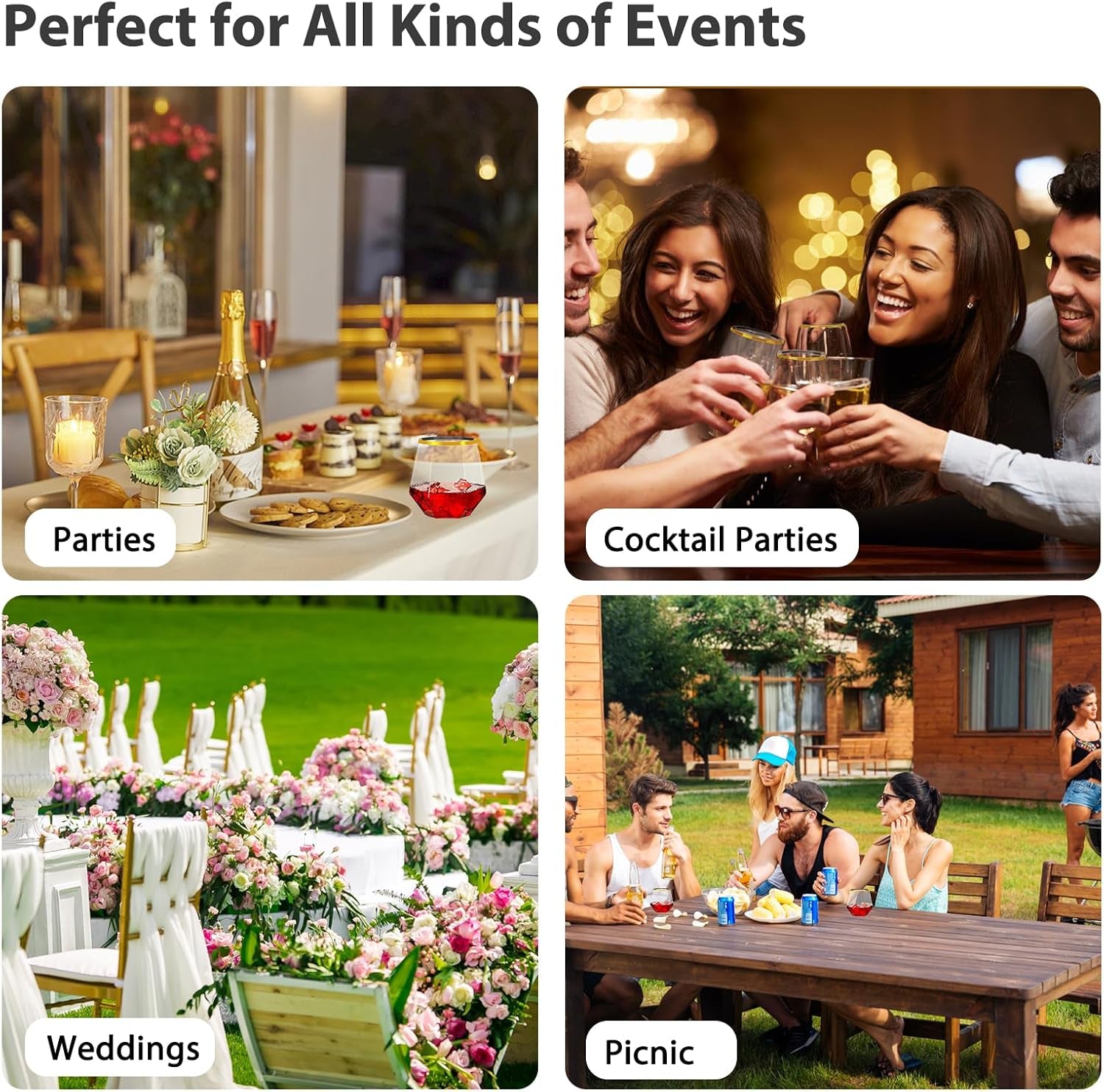 40 Pack Diamond Plastic Wine Glasses,Unbreakable Stemless Whiskey Cocktail Wine Champagne Glasses,12 Ounce Durable Disposable Cups Gold Rim for Parties, Weddings, Birthdays