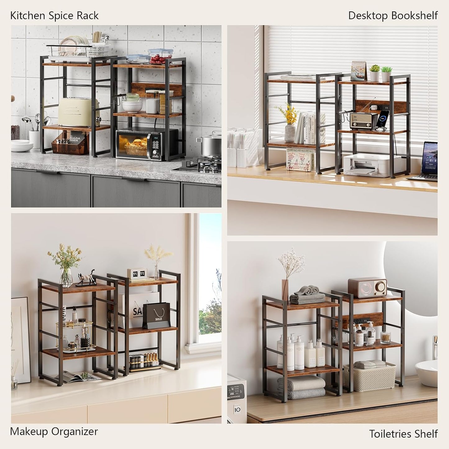 Book Shelf, 4 Tier Bookshelf with Charging Station, Industrial Small Bookcase Set of 2, Display Shelf, Stackable Book Storage Shelves for Bedroom/Living Room/Home Office, Rustic Brown