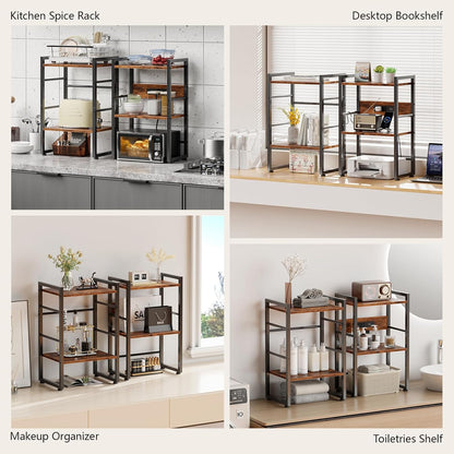 Book Shelf, 4 Tier Bookshelf with Charging Station, Industrial Small Bookcase Set of 2, Display Shelf, Stackable Book Storage Shelves for Bedroom/Living Room/Home Office, Rustic Brown