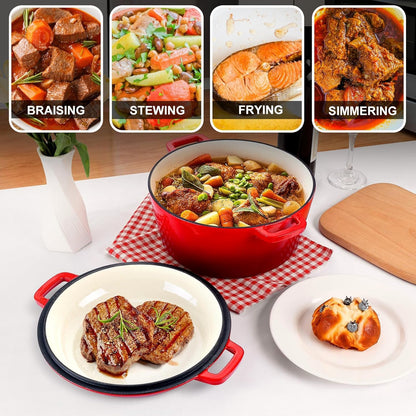 5Qt Dutch Oven Pot for Bread Baking (Red), 2 in 1 round Cast Iron Dutch Oven with Lid Set, Skillet & Pot for Roasting Braising Stewing Frying Simmering, Multi Stoves & Oven Safe