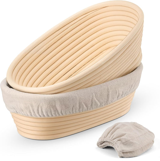 Sourdough Bread Proofing Basket Set of 2, 10 Inch Oval Dough Proofing Bowls, Sourdough Bread Baking Supplies for Bakers, Handmade Rattan Baskets with Cloth Liner