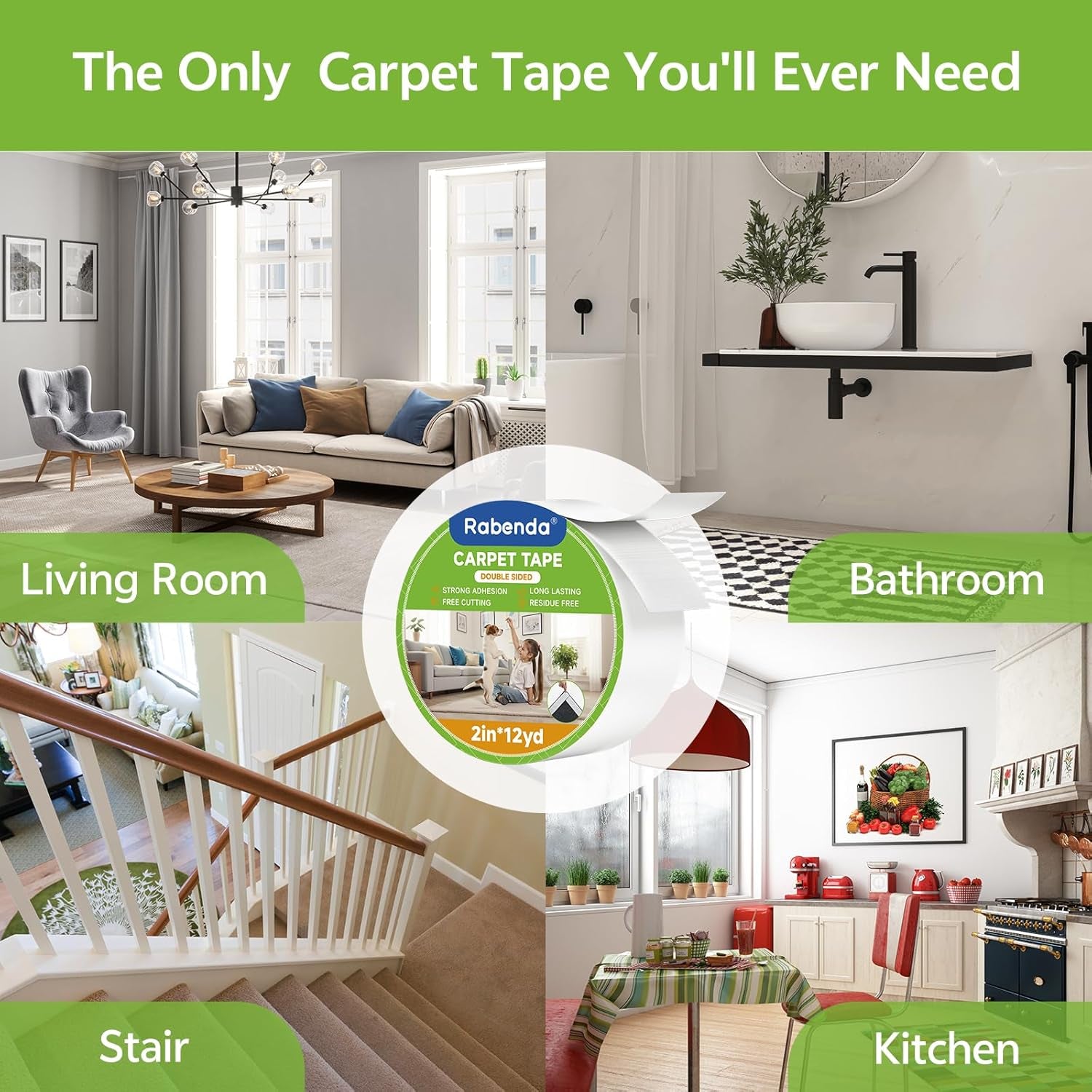 Double Sided Carpet Tape - 2 Inch X 12 Yards Removable Rug Tape for Hardwood Floors, Tile & Laminate - No Residue Strong Hold anti Slip Gripper for Area Rugs, Mats & Carpets