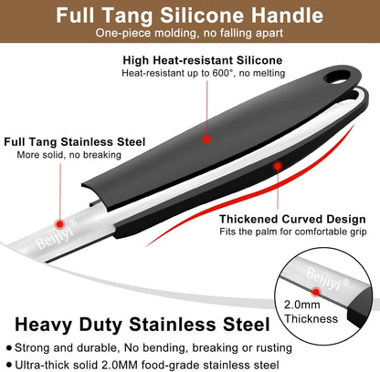 Stainless Steel Grill Spatula for Outdoor Grill, Heavy Duty Metal BBQ Spatula Set with Serrated, Silicone Handle, Solid and Slotted Turner, Grill Tools Burger Spatula for Grilling Cooking