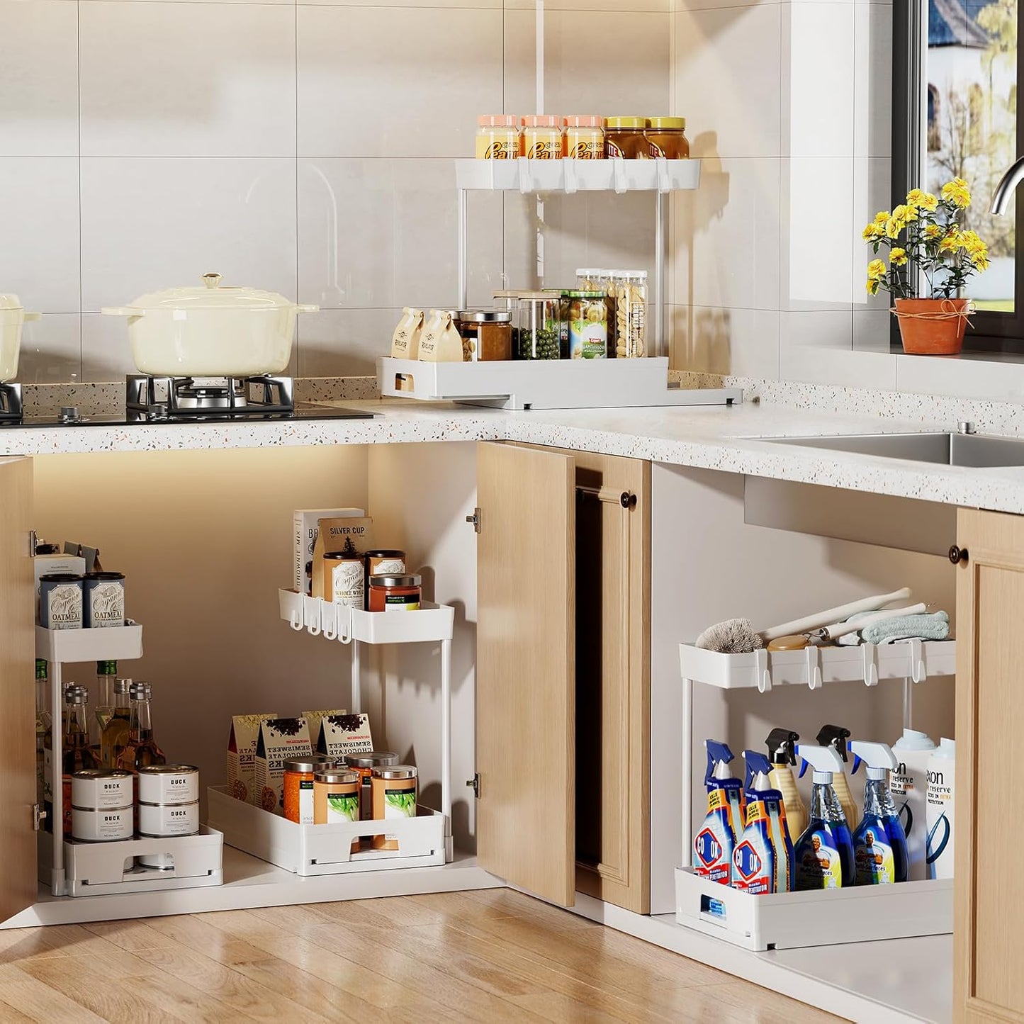 2 Pack under Sink Organizers and Storage, 2 Tier Pull Out Bathroom Cabinet Organizer, L-Shape White under Bathroom Kitchen Sink Organizer with Drawer for under Sink Storage Organizer