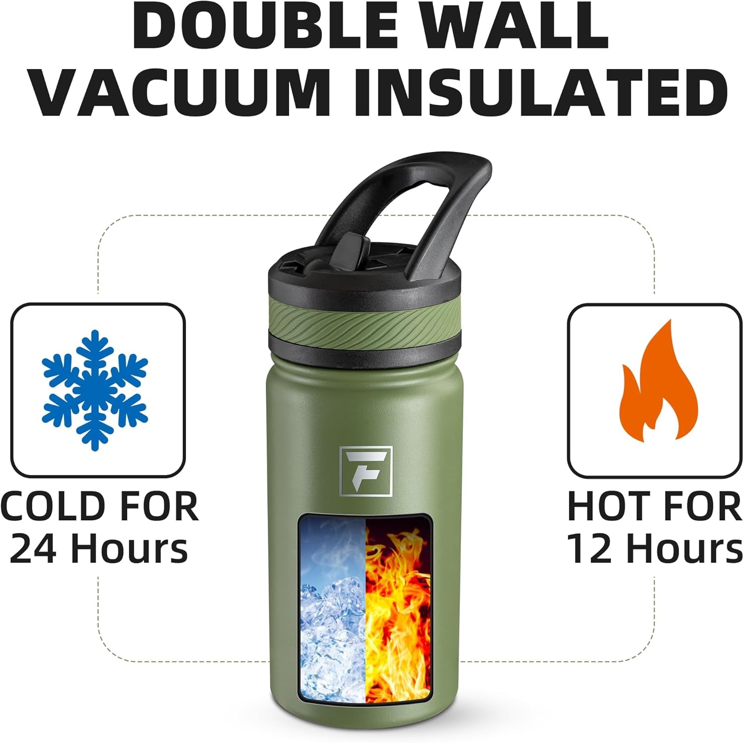 14 Oz Kids Insulated Water Bottle with Straw Lid – Stainless Steel Double Wall Vacuum, Leak-Proof, Bpa-Free Water Bottles for School Boys & Girls(Olive Green)