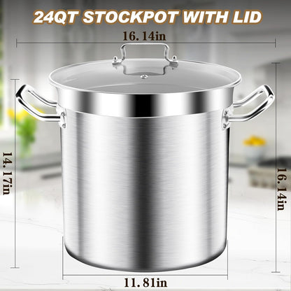 24QT Stainless Steel Stock Pot with Lid - Heavy-Duty Tri-Ply Bottom Commercial Grade for Soup, Stew, and Pasta, Compatible with Oven, Gas, and Ceramic, Dishwasher Safe