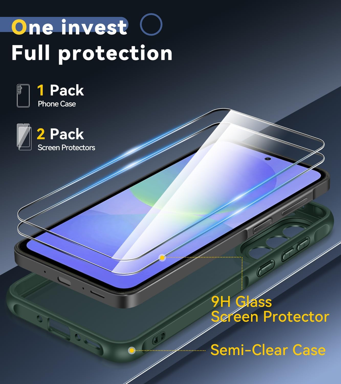 3-In-1 Case for Samsung Galaxy A36 5G 6.7" 2025 with 2 Pack Tempered Glass Screen Protector [Military Grade Protection], Frosted Translucent Back Phone Cover- Green