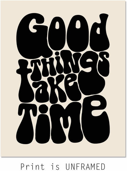 Good Things Take Time Positive Affirmations Motivational Poster Housewarming Gift 70S Retro Vintage Wall Art Mindfulness Wall Art Inspirational Art Unframed (11X14 INCH, Black)