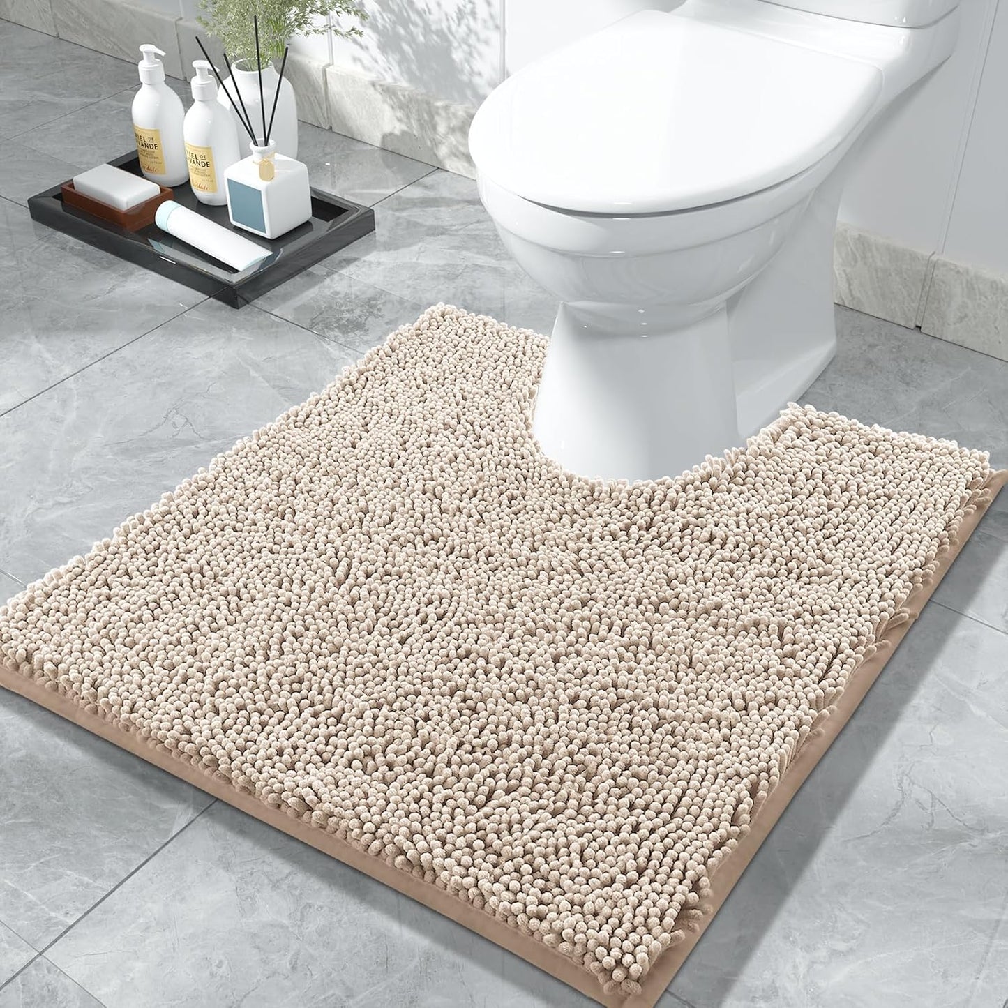 Chenille Toilet Rug U-Shaped Washable - 24"X20" Non Slip Contour Bath Mat - Super Luxury Soft Absorbent Quick Dry Rugs for Bathroom Toilet Base - Light Brown