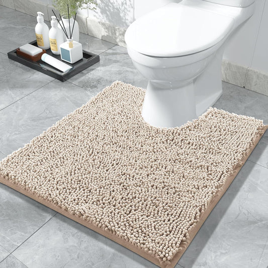 Chenille Toilet Rug U-Shaped Washable - 24"X20" Non Slip Contour Bath Mat - Super Luxury Soft Absorbent Quick Dry Rugs for Bathroom Toilet Base - Light Brown