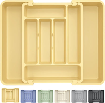 Expandable Large Silverware Organizer for Kitchen Drawers - BPA-Free Thick Plastic with Wider Compartments and Non-Skid Feet (Desert Sand)
