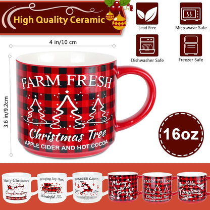 Christmas Mug Set of 6, 16Oz Red Black Plaid Christmas Coffee Mug, Christmas Table Centerpieces Decor Stackable Christmas Coffee Mug as Christmas Gifts for Family, Friends and Colleagues