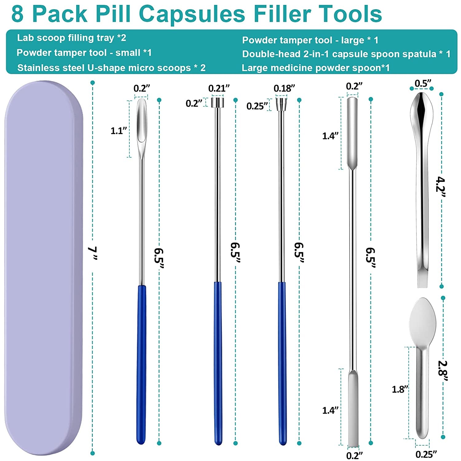 8 Piece Capsule Filling Machine Kits for Empty Pill Capsules Filler, Home & Lab Supplies - Micro Tiny Spoon Spatula, Lab Scoop Filling Tray, Herb Powder Tamper Tool, Gel Capsules Size #000 00 0 1 2 3