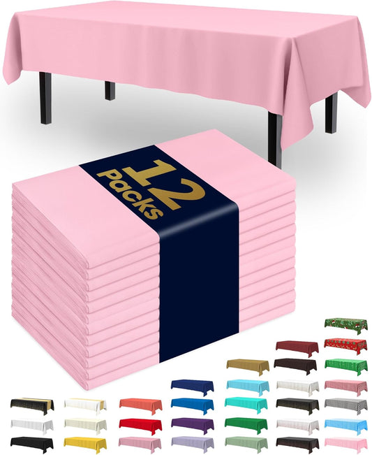 Plastic Table Cloth Disposable 12 Pack, 54 X 108 Inch Table Cloths, Easter Party, Valentines, Mothers Day Decorations, Tablecloths, Rectangle, Pastel Plastic Cover, Leakproof & Sturdy, Pink