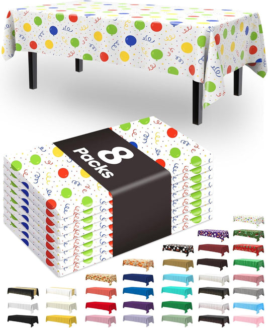 Plastic Table Cloth Disposable 8 Pack, 54 X 108 Inch Tablecloths, Picnic, Happy Birthday Decorations for Girls Boys, Baby Shower Party, Rectangle, Plastic Cover, Leakproof & Sturdy, Birthday