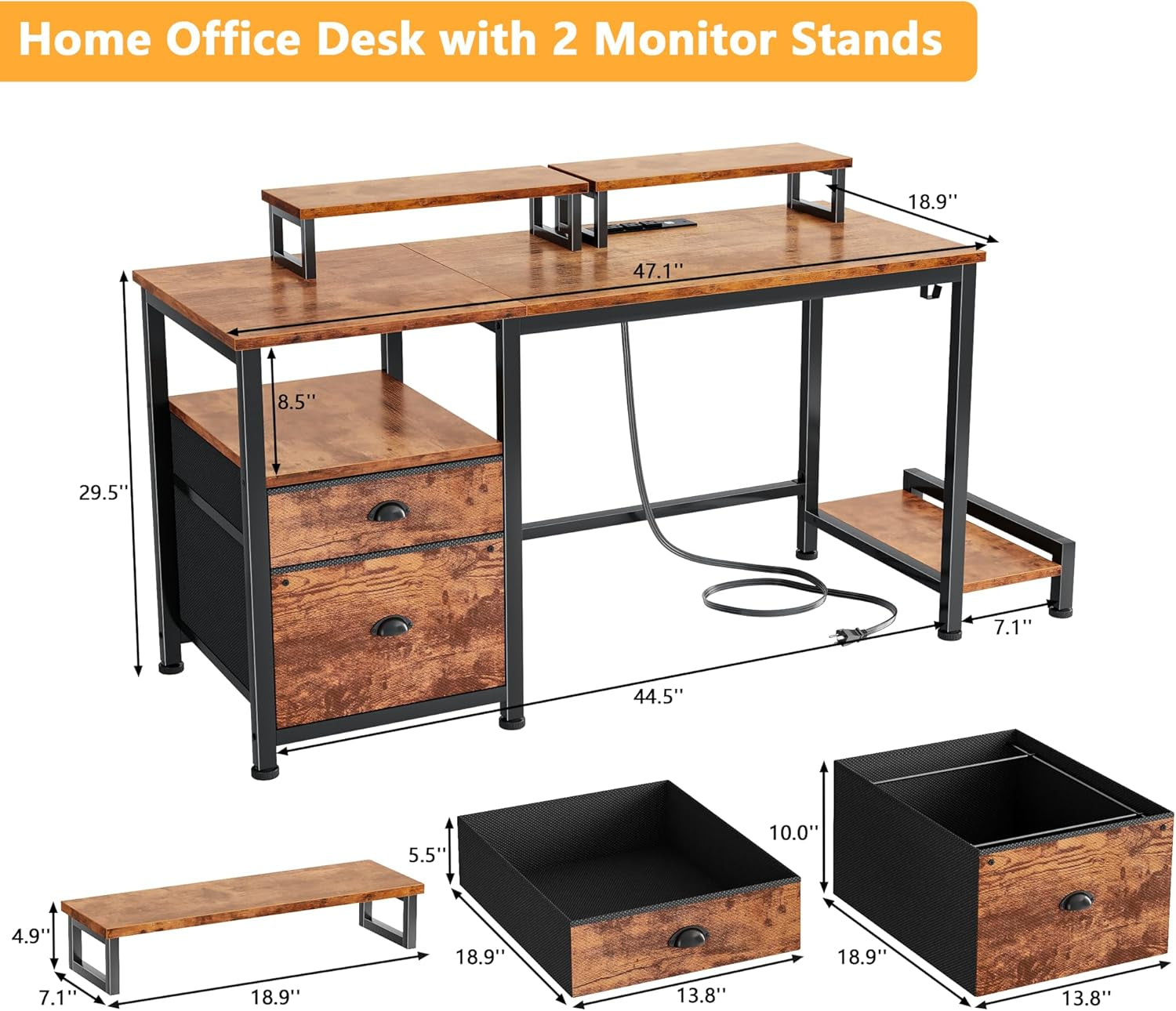 47" Computer Desk with File Cabinet and Power Outlets, Home Office Desk with 2 Monitor Stands and Storage Drawer, Writing Gaming Table with Shelves and 2 Hooks for Bedroom, Rustic Brown