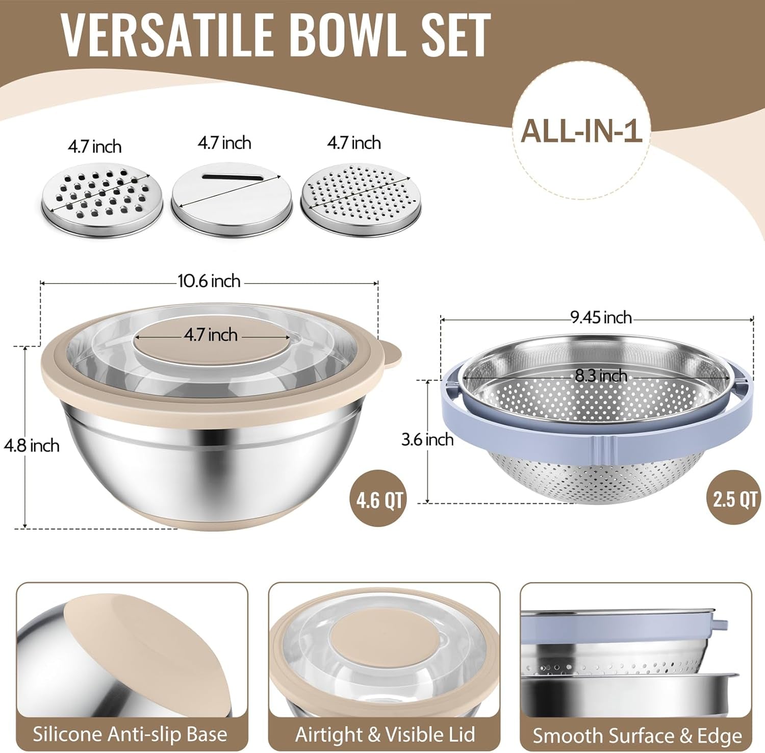 4-In-1 Stainless Steel Colander with Bowl Set, Rotatable Strainers for Kitchen, Fruit Cleaner, Washing Fruit & Draining Pasta, Mixing Bowl and Lid with Grater for Salad, Khaki