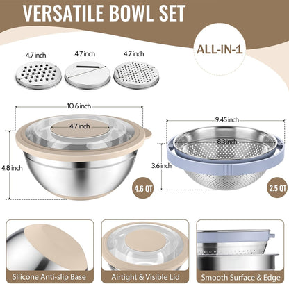 4-In-1 Stainless Steel Colander with Bowl Set, Rotatable Strainers for Kitchen, Fruit Cleaner, Washing Fruit & Draining Pasta, Mixing Bowl and Lid with Grater for Salad, Khaki