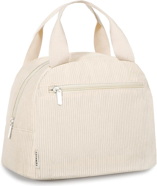 Cute Lunch Box Tote Bag - Corduroy Insulated Cooler Bags for Women - Lightweight Reusable Portable Soft Lunch Pail Kit for Kids Teen Girl Adults Work School Picnic Travel White 8L