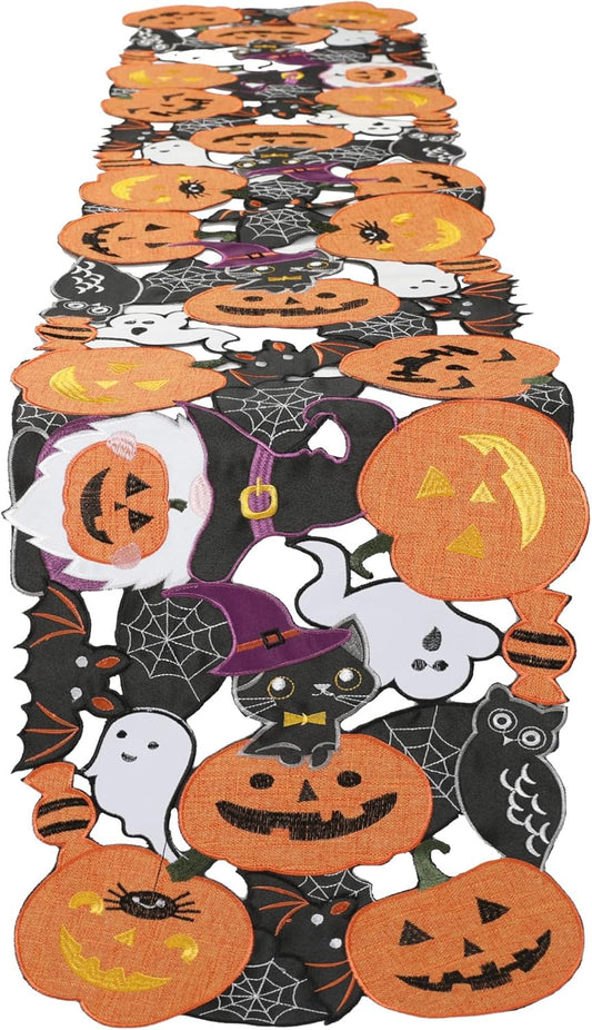 Fall Halloween Table Runner 70 Inches Long, Cutwork Applique Embroidered Pumpkins and Bats Dresser Scarf for Home Dining Holiday Autumn Halloween Thanksgiving Decor, 13 X 70 Inch
