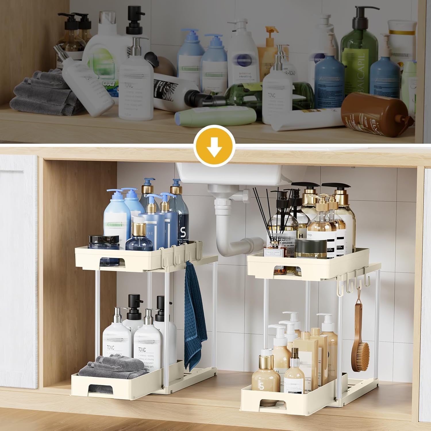 under Sink Organizers and Storage, 2 Pack Pull Out Kitchen Bathroom Cabinet Organizer, 2 Tier Beige under Sink Storage for Bathroom Kitchen