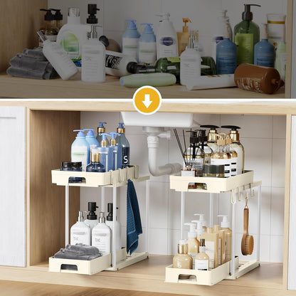 under Sink Organizers and Storage, 2 Pack Pull Out Kitchen Bathroom Cabinet Organizer, 2 Tier Beige under Sink Storage for Bathroom Kitchen