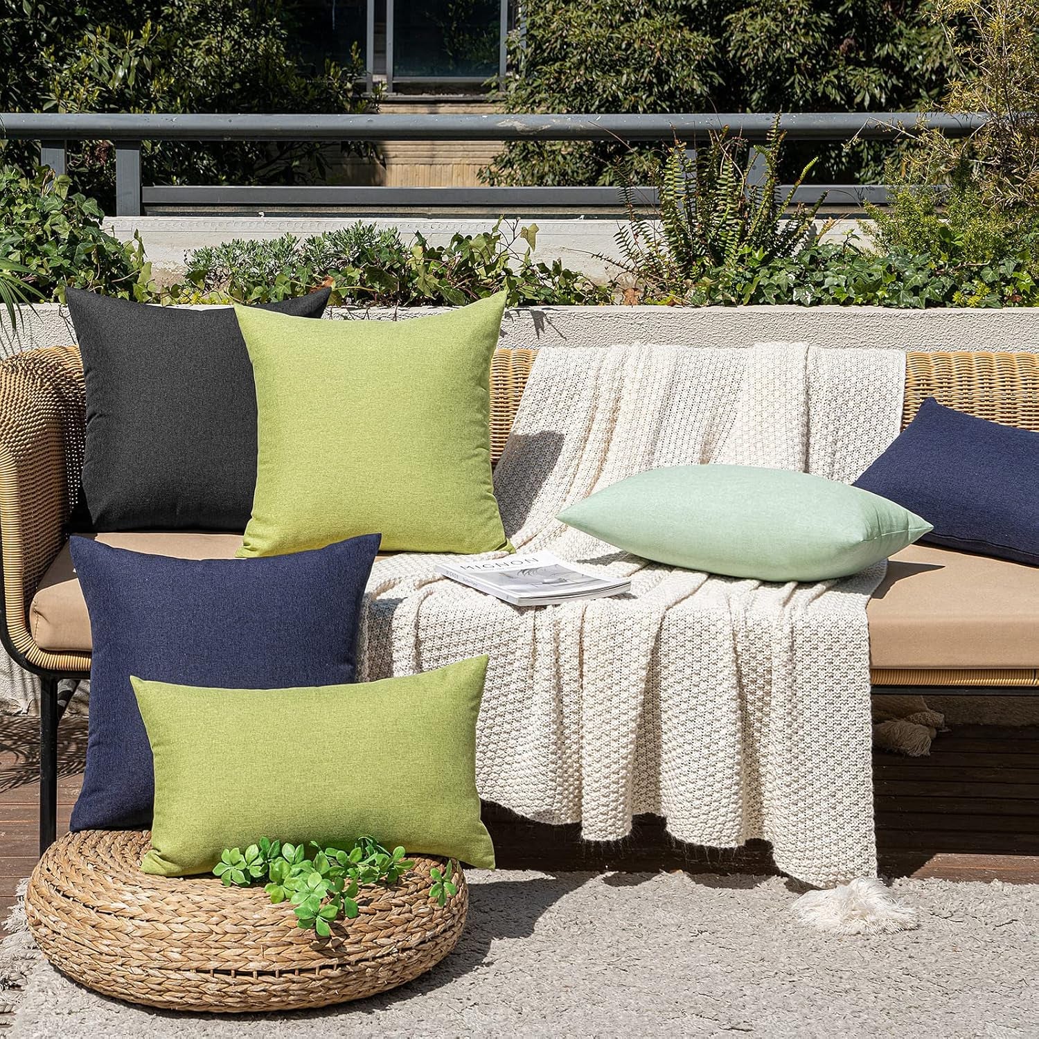 Pack of 2 Decorative Outdoor Solid Waterproof Throw Pillow Covers Faux Linen Garden Farmhouse Cushion Cases for Halloween Patio Tent Balcony Couch Sofa 12X12 Inch Black