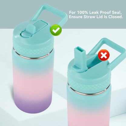 Toddler Water Bottle, 12 Oz Kids Water Bottle for School with Straws Lids, 304 Stainless Steel Vacuum Thermos Insulated Bottle, Bpa-Free, Aurora
