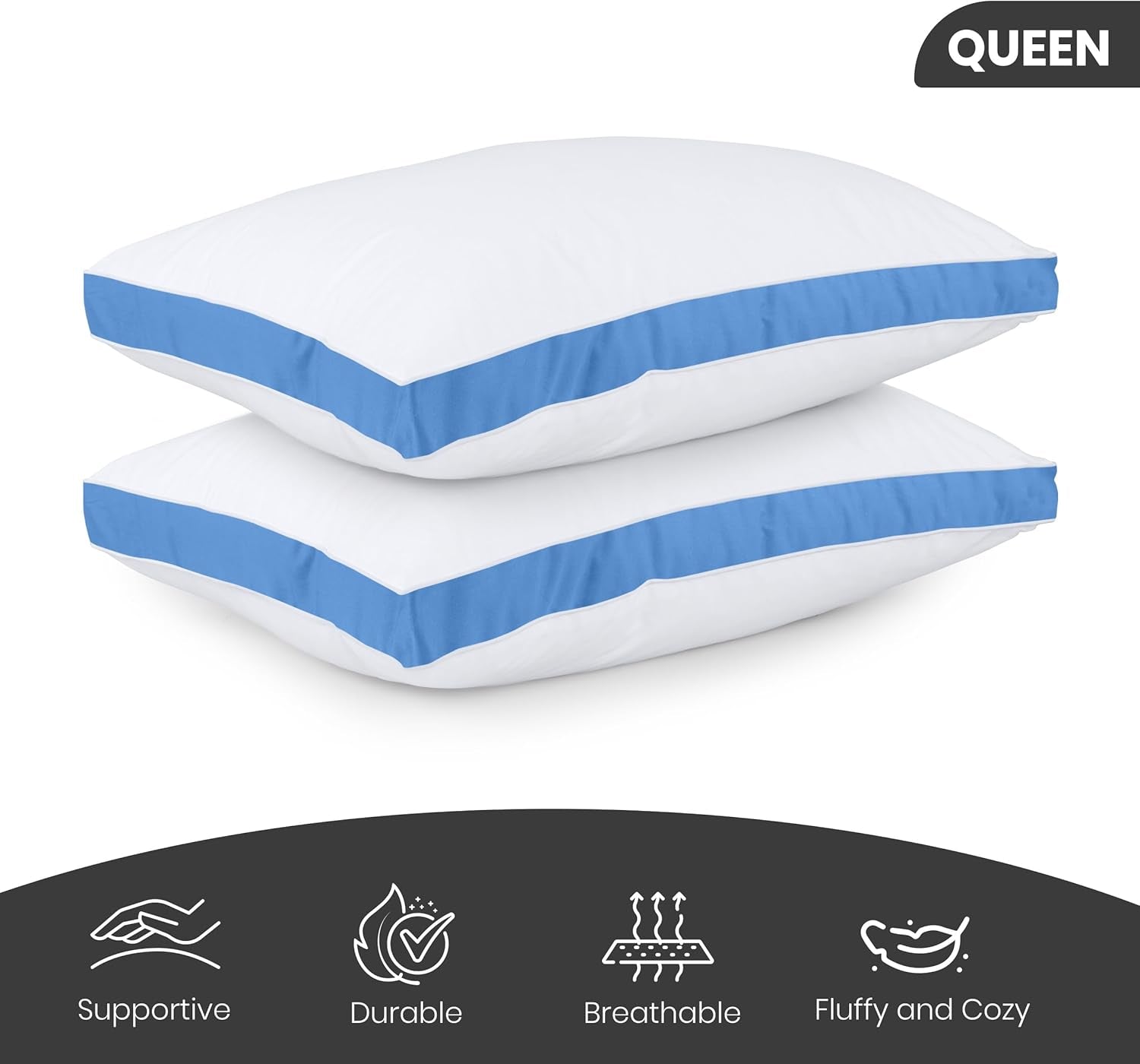 Bed Pillows for Sleeping Queen Size (Blue), Set of 2, Cooling Hotel Quality, Gusseted Pillow for Back, Stomach or Side Sleepers