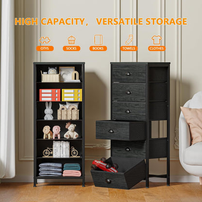 Elegant Tall Dresser with 6 Drawers and Vertical Bedside End Table - Black Storage Tower Nightstand with Fabric Drawer Organizer for Bedroom, Living Room, Closet, and Hallway
