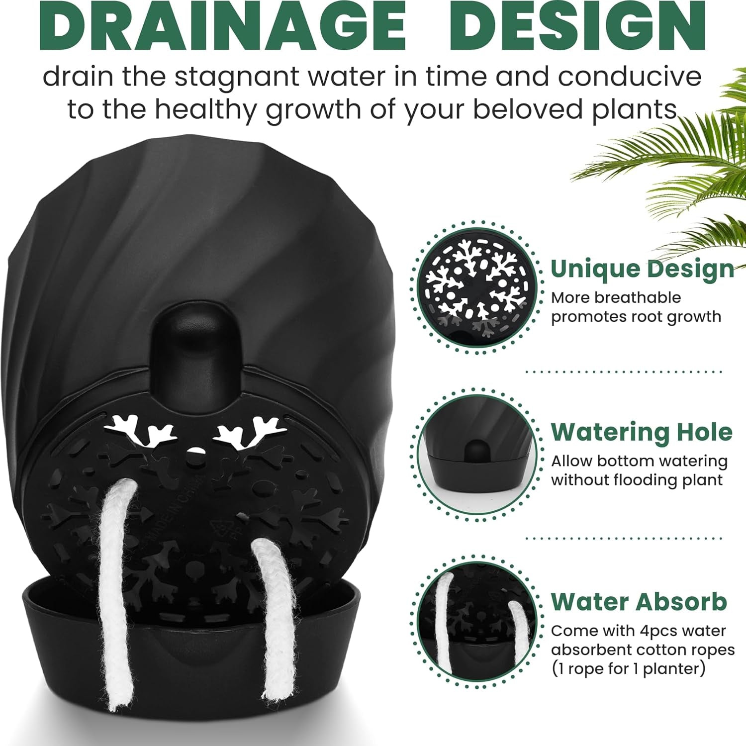 Plant Pots with Drainage, Self Watering Pots for Indoor Plants, Home Decor Flower Planters, 4 Pack 6 Inch Plastic Planters Succulent Pots, Black