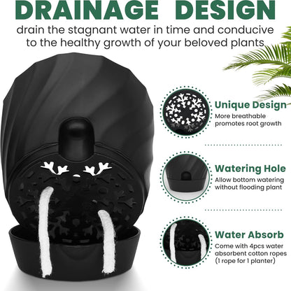 Plant Pots with Drainage, Self Watering Pots for Indoor Plants, Home Decor Flower Planters, 4 Pack 6 Inch Plastic Planters Succulent Pots, Black