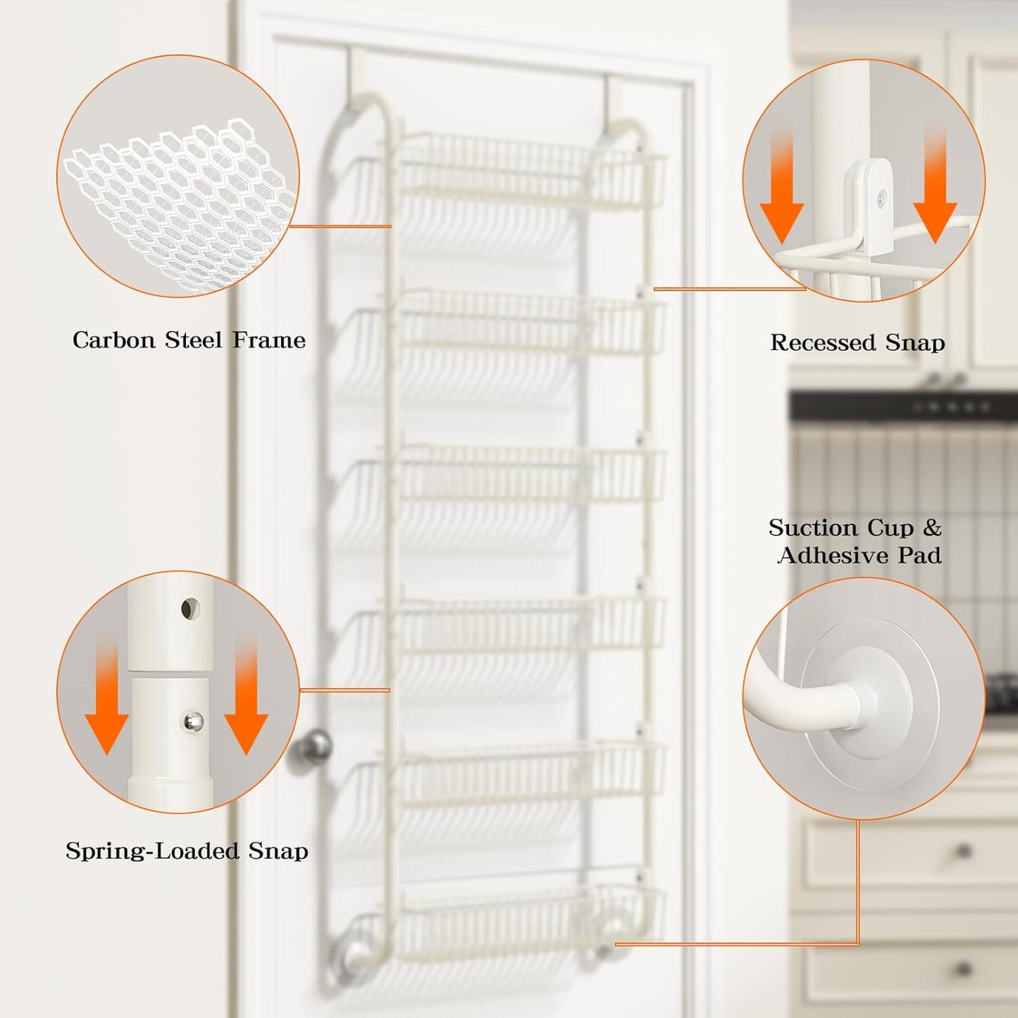 over the Door Pantry Organizers and Storage, 6-Tier Spice Rack, Home & Kitchen Storage Shelves for Cabinet, Large Capacity Hanging Seasoning Organizer, Laundry Room Organization, White