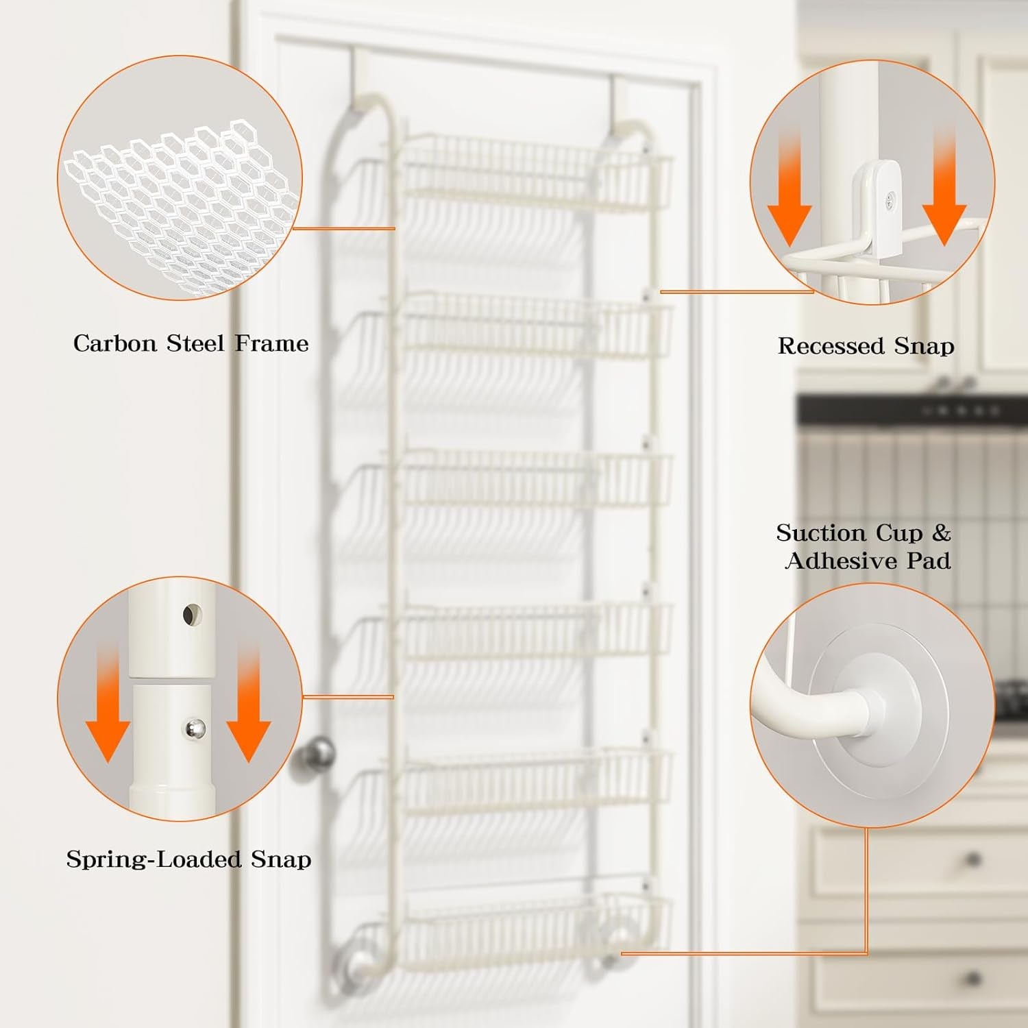 over the Door Pantry Organizers and Storage, 6-Tier Spice Rack, Home & Kitchen Storage Shelves for Cabinet, Large Capacity Hanging Seasoning Organizer, Laundry Room Organization, White