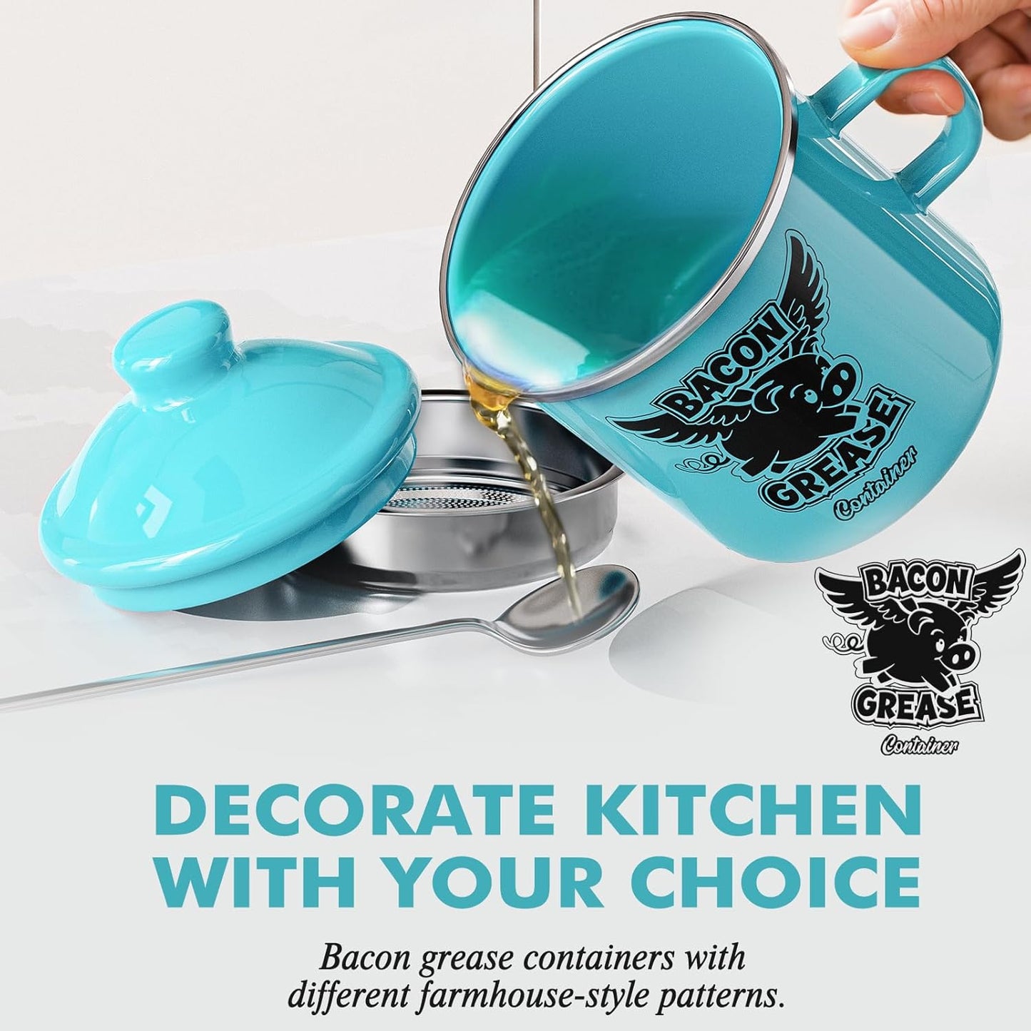Mini Bacon Grease Container with Strainer - 15OZ Farmhouse Enamel Grease Saver, Fat Storage for Kitchen, Dishwasher Safe-Light Blue